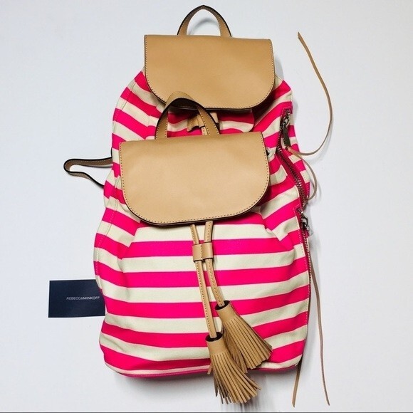 Rebecca Minkoff Pink and Creamy Ivory Flamingo Stripe Moto Backpack NWOT main image 8